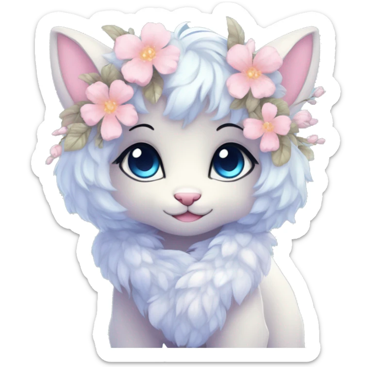 Anthro Cute Cool Pastel Innocent Shy Kawaii gorgeous sparkly ethereal fantasy animal creature with blue eyes furry sona with flowers and ribbons beautiful aesthetic sticker