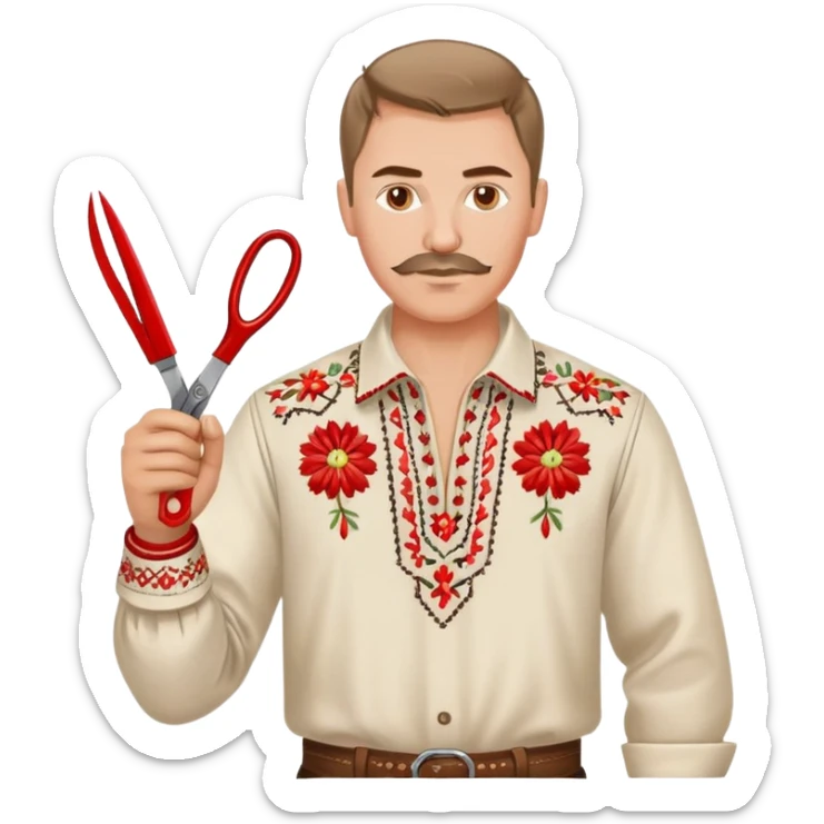 Ukrainian man in traditional vyshyvanka embroidered shirt holding red scissors in one hand and a spanner in the other hand sticker
