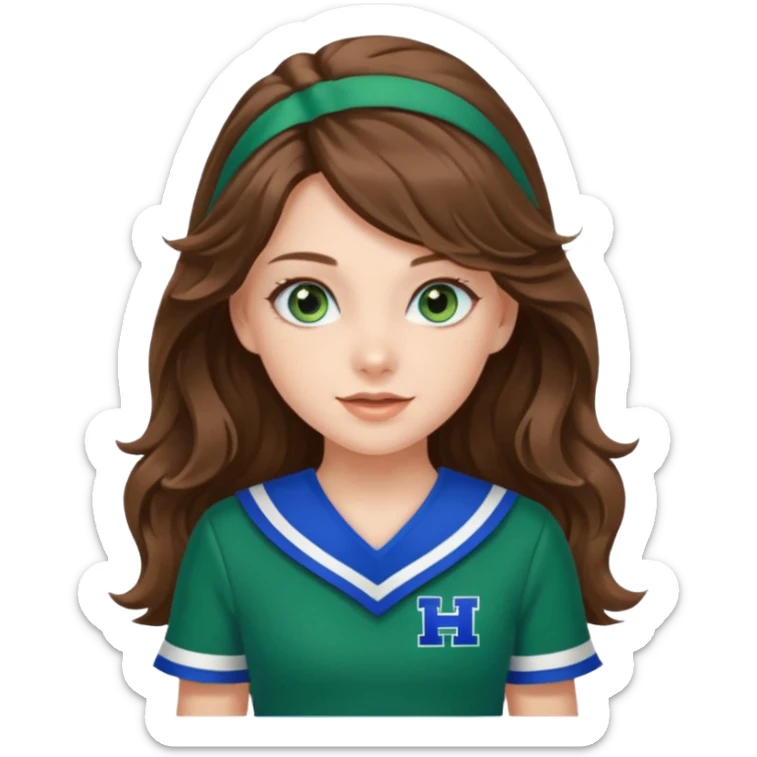 A pretty girl has blue eyes, her hair is brown long wavy hair, and wear green Hawkins cheerleader uniform sticker