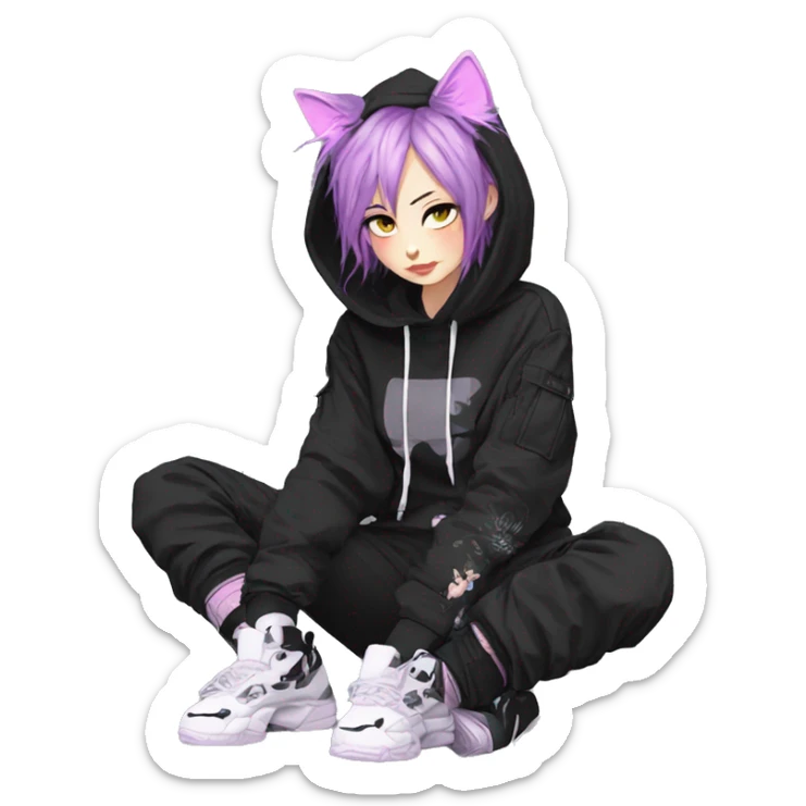 Edgy beautiful pretty anime punk tomboy with cat ears techwear cargo pants hoodie sticker