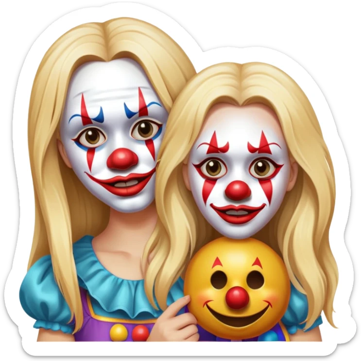 Disappointed upset Blonde girl with long hair holding one happy clown mask beside her face isolated  sticker