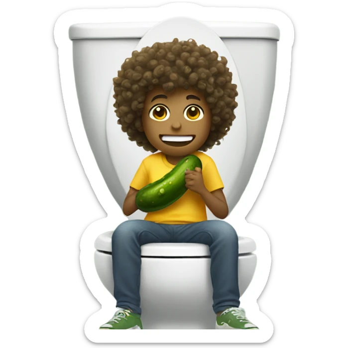 Boy with curly hair sitting on the toilet while eating a giant pickle  sticker