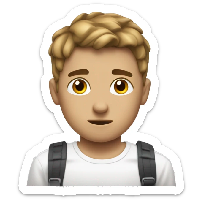 White boy with a brown curtains haircut in a white Nike shirt, he is feeling Ashamed as he has no travel plan in mind sticker