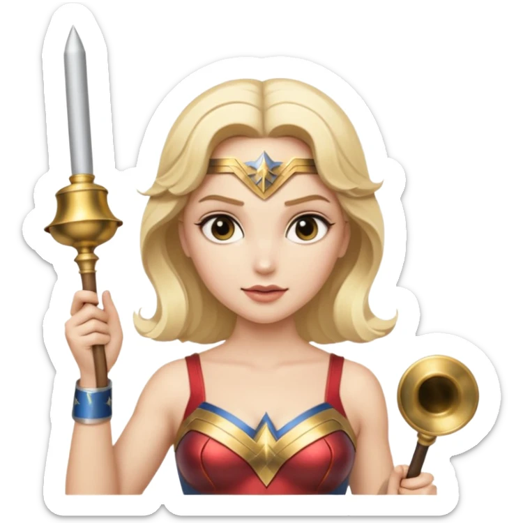 Blonde Wonder Woman holding short white orchestra conductor’s baton and bell sticker