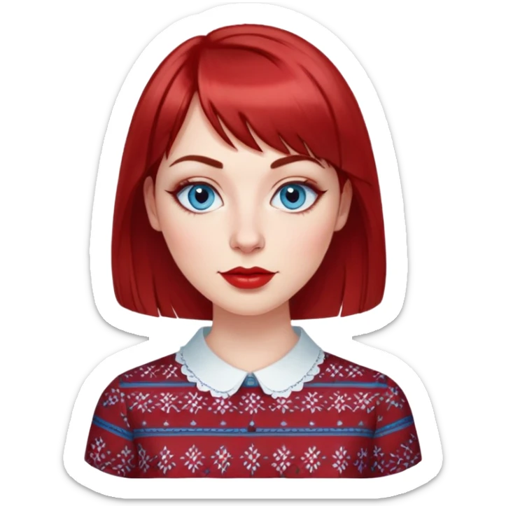Woman in her 30s with clear white skin, oval face, large blue eyes with eyeliner, thin eyebrows, small nose, medium lips with red lipstick, dark red straight hair with bangs, wearing a red and white patterned shirt, friendly expression sticker