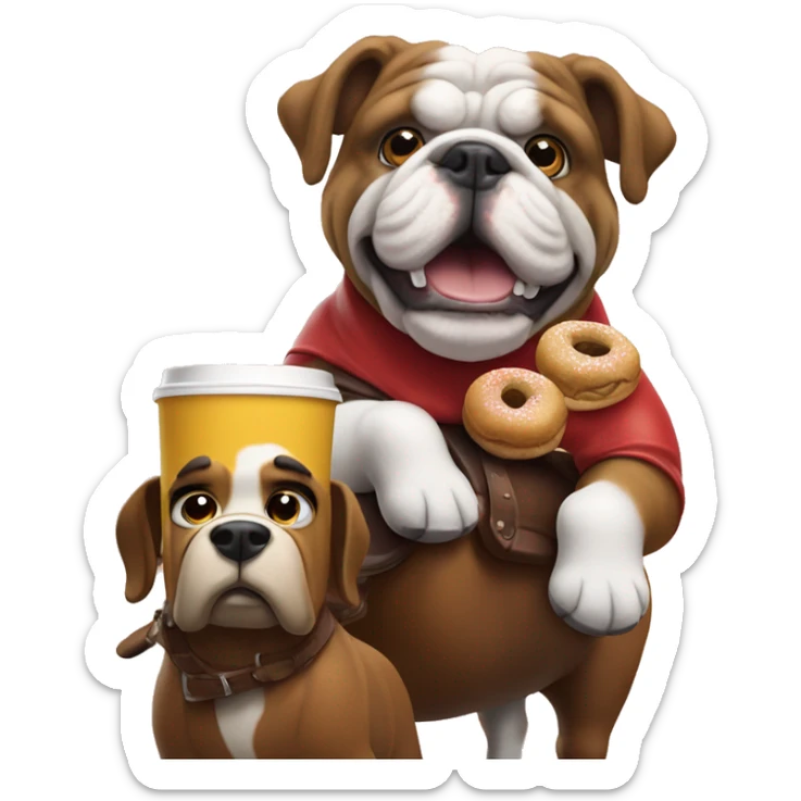 a bulldog riding a horse with bob ross and a tim hortons coffee sticker