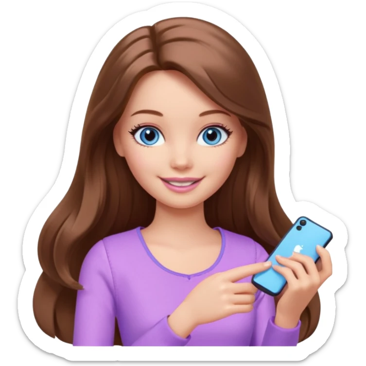 beautiful barbie girl with long brown hair, blue eyes and wearing light purple clothes playing games sticker