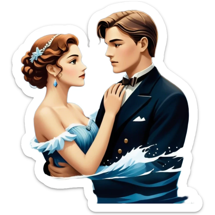 Icon for Titanic Movie: A vintage movie poster-style design featuring a dramatic scene of the ship, the iceberg, and a romantic silhouette of the main couple. Include elements like the ship’s bow, water splashes, and a starry sky in the background. Retro cinematic feel. Transparent background. sticker