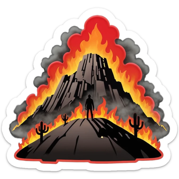 Minimalist emoji-style sticker of a silhouette of the Hollywood hill with ruined “HELLWOOD” sign, smoke and flickering flames in desaturated red

 sticker