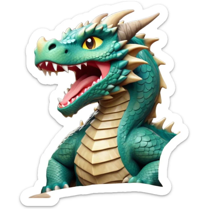 Cinematic Cute Yawning Giant Rock Dragon Portrait Emoji, Head tilted slightly with a dramatic, wide-open yawn, revealing a colossal, rugged body with weathered, rock-like scales and subtly drooping, earthy features rendered in authentic, stony texture; high shine, relaxed yet powerful, styled with a dash of timeless geological charm, soft glowing outline, capturing the essence of a sleepy but stoic rock behemoth ready to settle into an ancient, enduring slumber! sticker