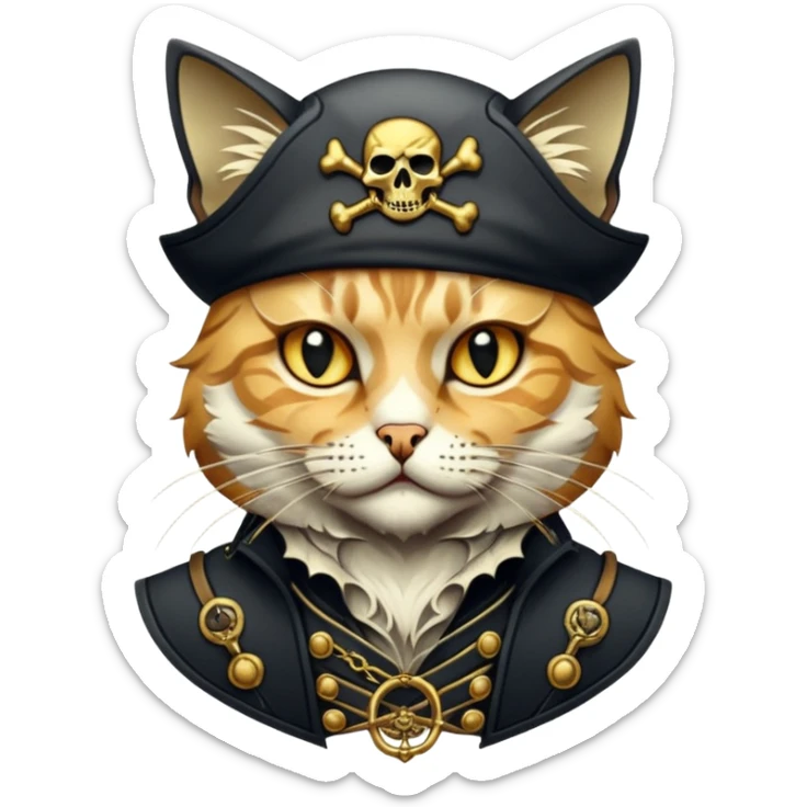 Highly detailed dark fantasy sticker art,cat, gritty pirate aesthetic, intricate engraving style, cinematic lighting, gold and charcoal color palette, sharp edges, white border, vector contour --v 6.0 sticker