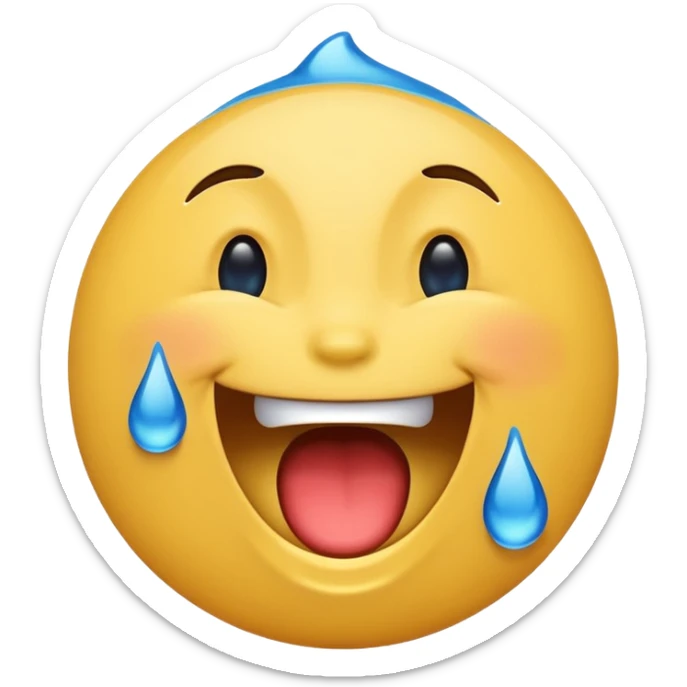 Emoji, yellow round laughing hysterically face, with blue tears of joy on it.  sticker