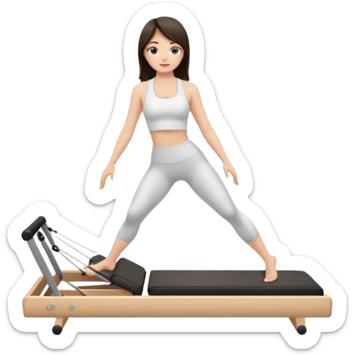a girl doing reformer pilates, she is wearing a white fit and she has dark straight and loose hair.  sticker
