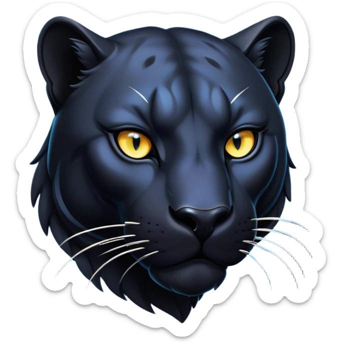 Cinematic Noble Panther Portrait Emoji, Poised and regal, with a sleek, muscular build draped in glossy, midnight-black fur and piercing, luminescent eyes, Simplified yet sharp and sophisticated features, highly detailed, glowing with a soft, mysterious glow, high shine, intelligent and enigmatic, stylized with an air of stealthy authority, focused and commanding, soft glowing outline, capturing the essence of a watchful and confident jungle guardian that appears ready to prowl out of the screen with effortless authority! sticker