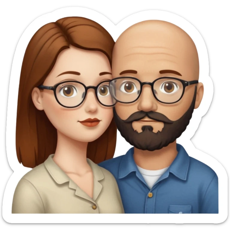 Couple. Bald man with dark brown-black beard. White woman with many small, faded freckles, she has white skin and she has auburn-brown-cinnamon, dark long hair. She has light brown eyes. The man have hazel eyes and the man wear glass. She have light eyes. Retro style. She kisses him. sticker