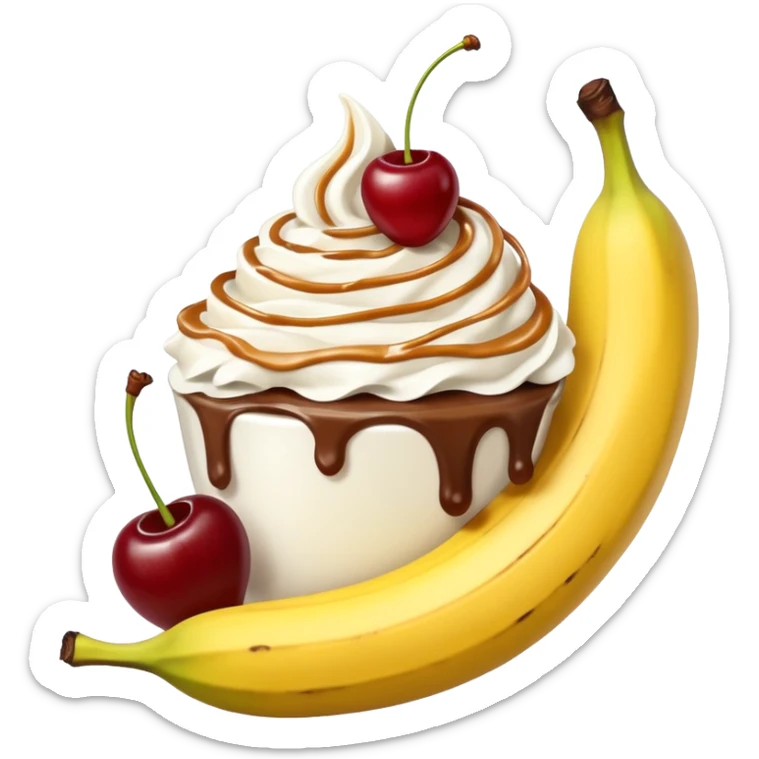 Coffee caramel, whip, whipped cream, a big banana sticking out of it with two cherries by the banana sticker