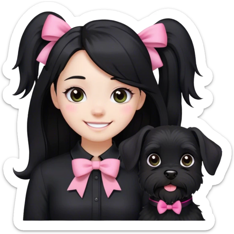 pale girl smiling with light eyes and long black hair wearing black shirt with bow on and smiling black schnauzer with pink collar sticker