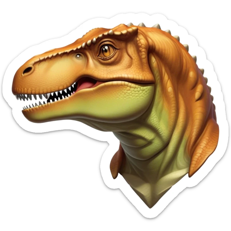 Beautiful and Majestic T-rex Portrait Emoji, Head and body resting peacefully with a serene, confident expression, showcasing its colossal, muscular form and a subtle, regal glint in its eyes, Simplified yet exquisitely endearing features, highly detailed, glowing with a soft, drowsy prehistoric light, high shine, relaxed and utterly majestic, stylized with an air of ancient splendor, soft glowing outline, capturing the essence of a beautiful and majestic T-rex that feels destined to become the next viral icon of awe-inspiring dinosaur beauty! sticker