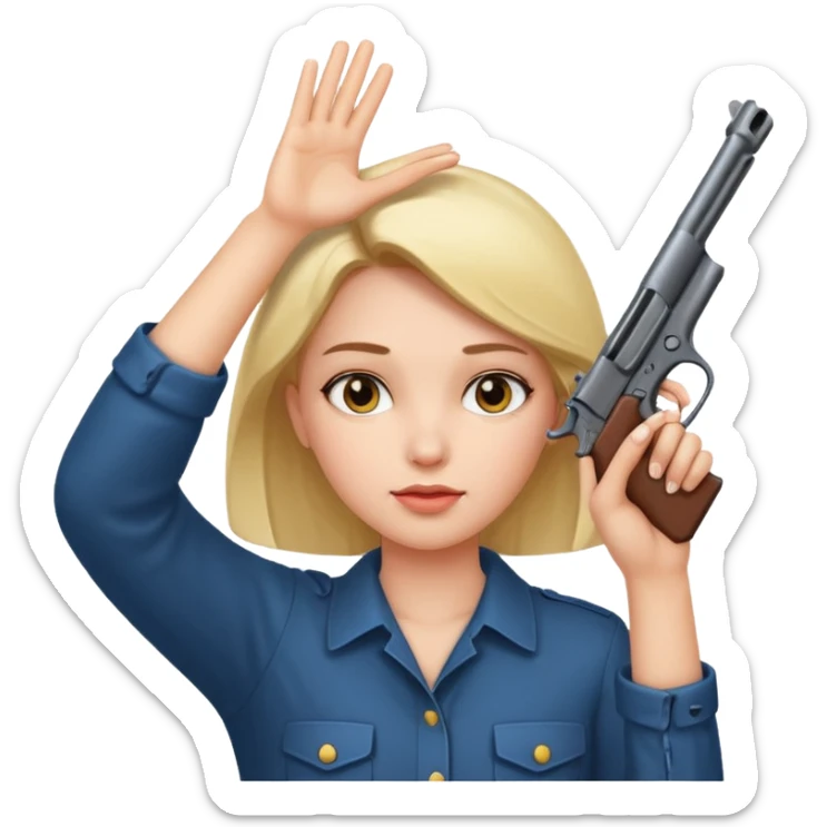 Girl holding hands up to head in shape of a gun sticker