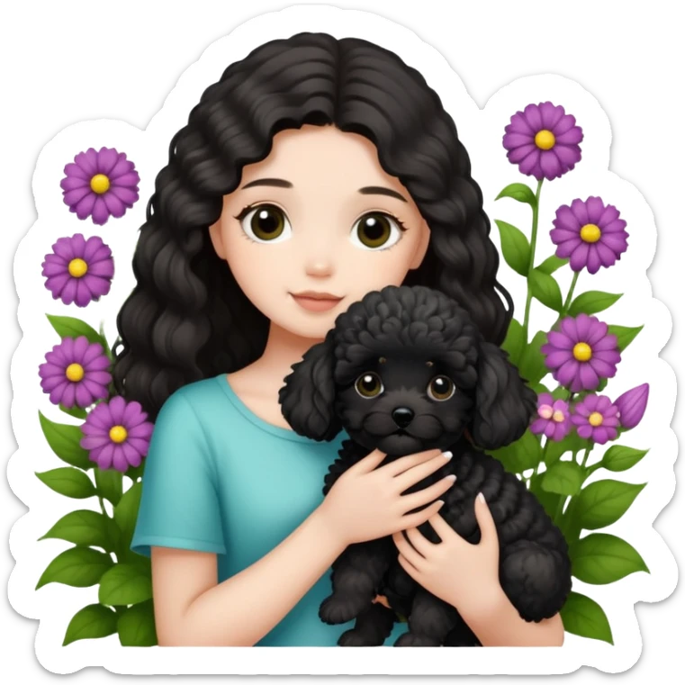 A long-haired girl holding a black maltipoo puppy in the flowers sticker