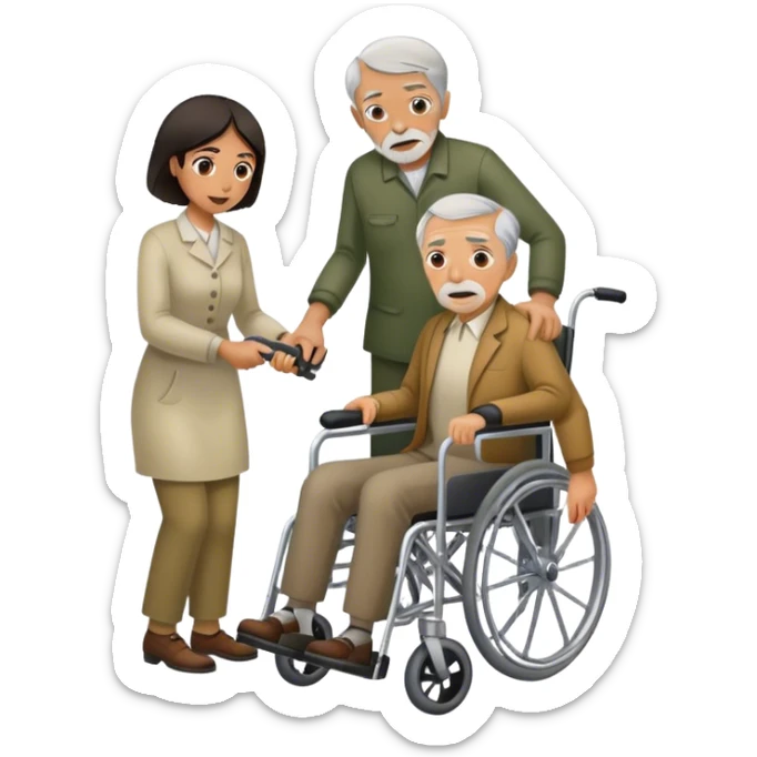 Woman with a knife in one hand, pushing with the other a wheelchair with an old man sticker