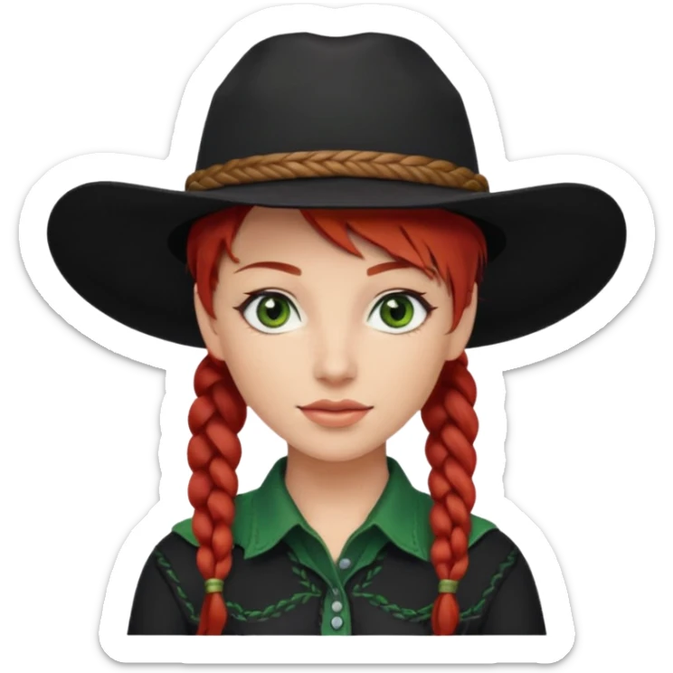 cowgirl with red hair green eyes black hat one braid in hair over right shoulder sticker