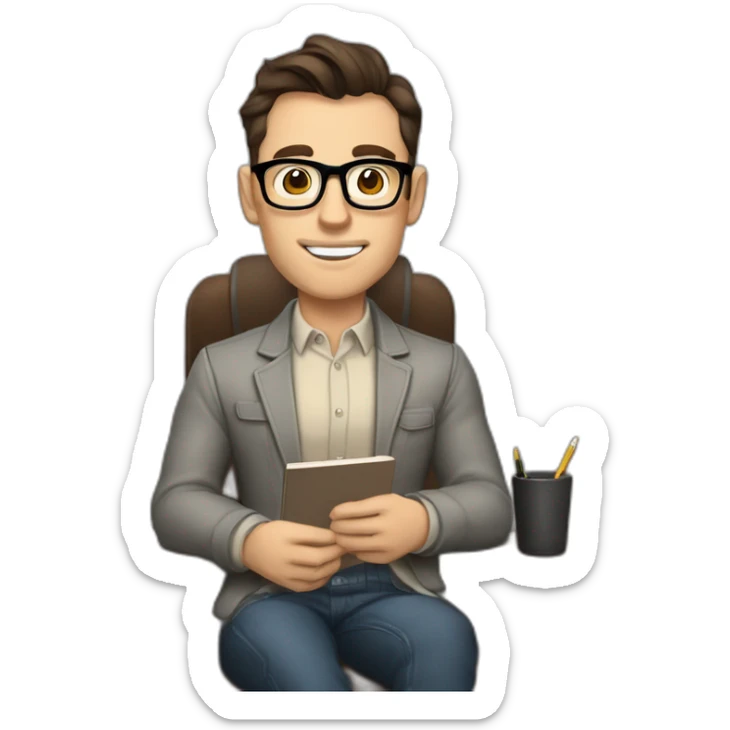 Pale skinned Fit Man With dark brown hair in gray jacket, beige office shirt and vintage glasses sitting In a soft chair with a notebook with emblem Ψ and a pen in his hands sticker