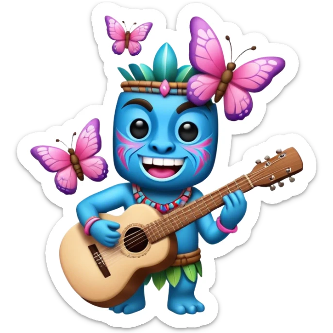 Pixar style little Cartoon Blue and pink tiki singing with a butterfly and playing a guitar, ultra detailed and lifelike imagery sticker