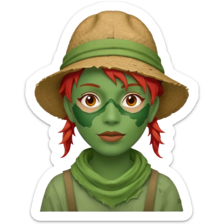 messy green full face green clay mask and tourist hat red hair  sticker