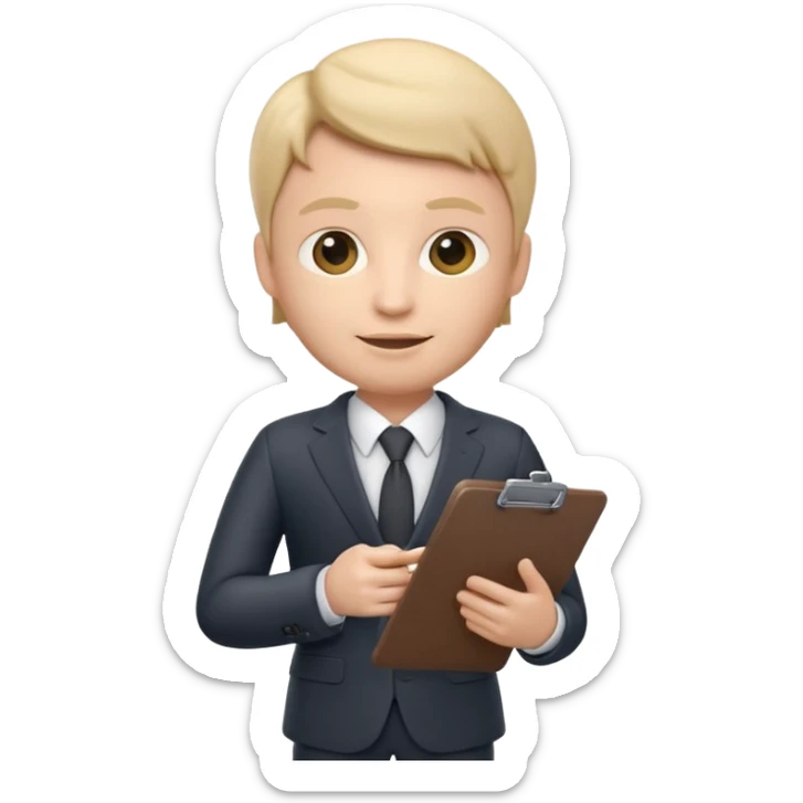 Apple Memoji-style 3D emoji of a manager character in a suit holding a clipboard, soft shading, rounded shapes, clean gradients, no background.
 sticker