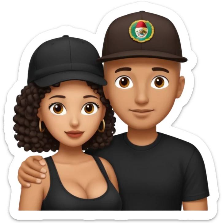 A picture of an embracing tanned couple. the man is a Mexican man with tanned skin, with a bald hair cut wearing a SnapBack hat and a black shirt. the woman has curly dark brown hair and with big boobs sticker