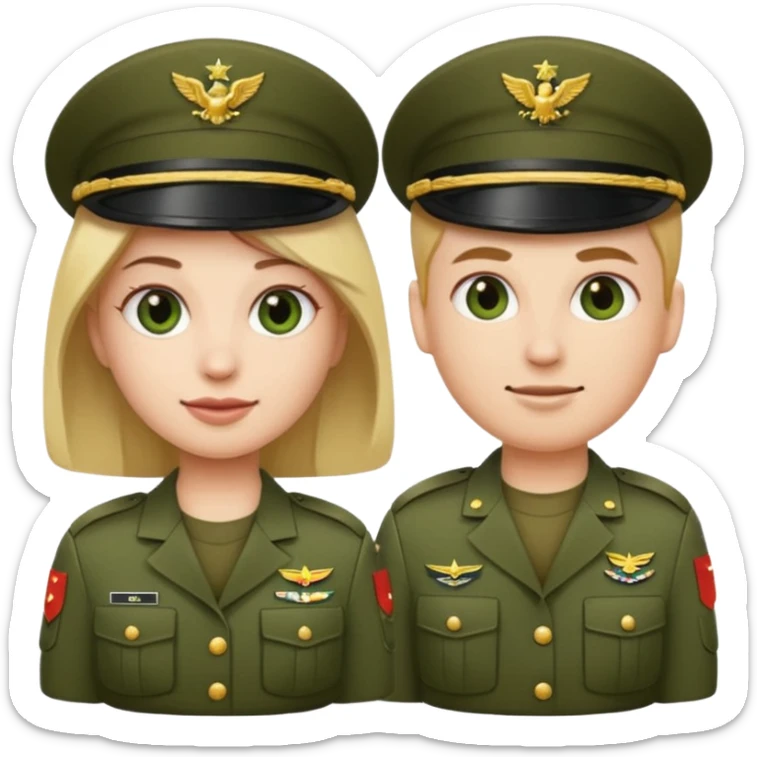 one emoji (female) wearing Army combat uniform and a second emoji (male) wearing the army green service uniform sticker