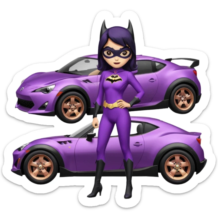 Relaxed adult 60’s Batgirl themed Satin black and rose gold colored Scion FR-S hot rod off road capable (tight fitting purple suit with black hair on her) sticker