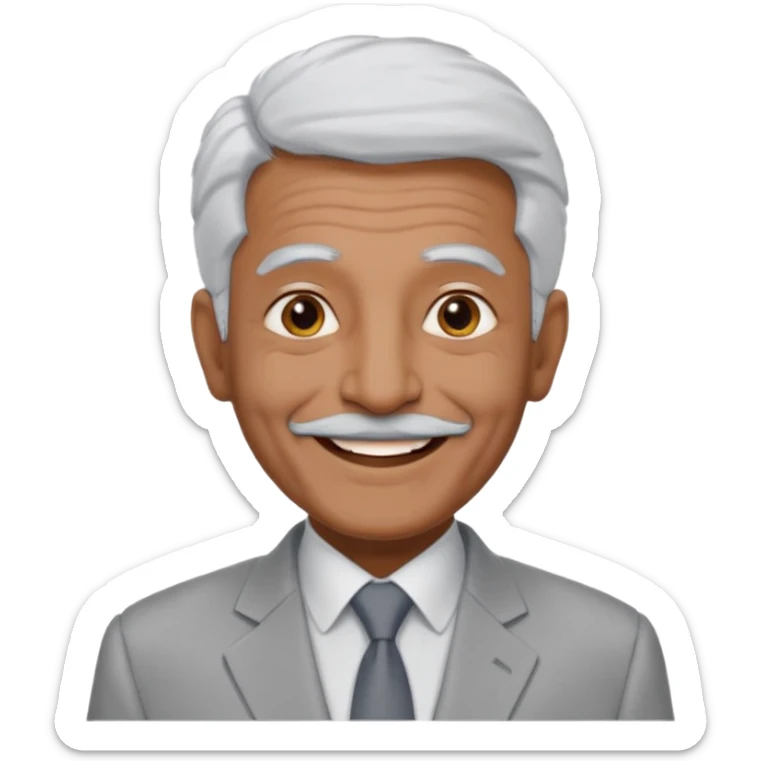 70 yr old man, very short spike white hair, pakistani, light grey business suit, big smile, dark skin, no facial hair
 sticker