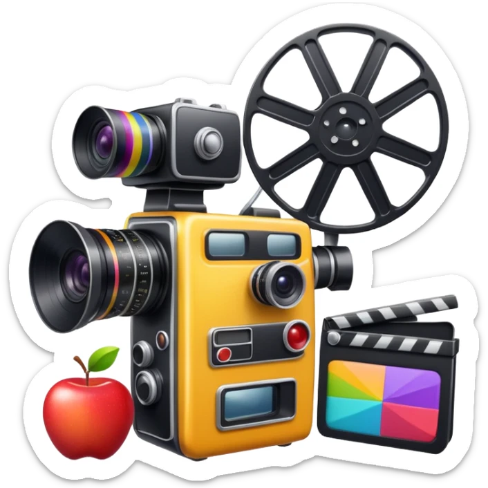 market stall with video camera and film reel, colorful and inviting, apple style emoji sticker