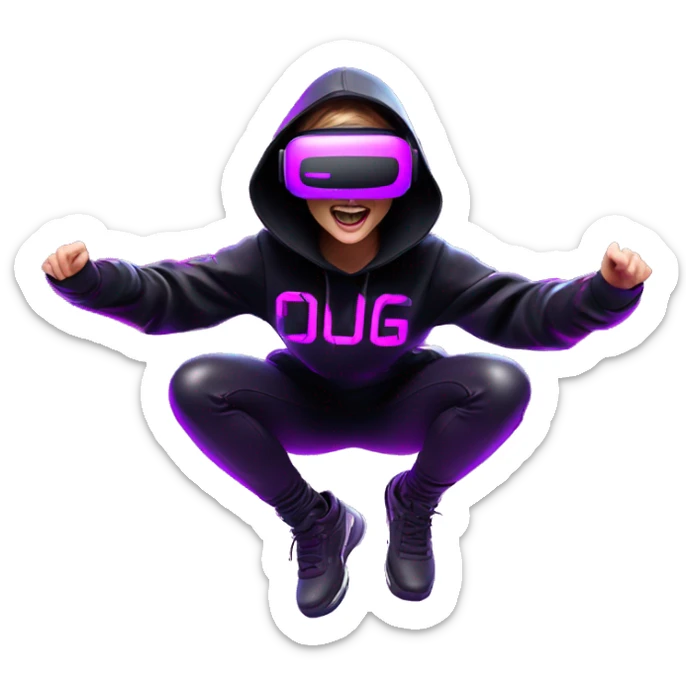Russian girl wearing black hoody with violet letters "OMG", in vr headset oculus quest2. jumping. Cyberpunk style. Violet neon. sticker