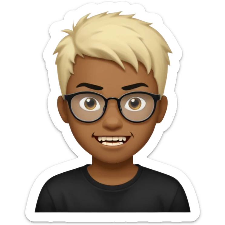 Black Male Teenager with Short punk messy blonde hair, Dark brown bushy eyebrows large expressive golden-brown eyes, wearing a plain white t-shirt, wearing thick black glasses, Dark Brown skin color. Showing off his vampire tooth sticker