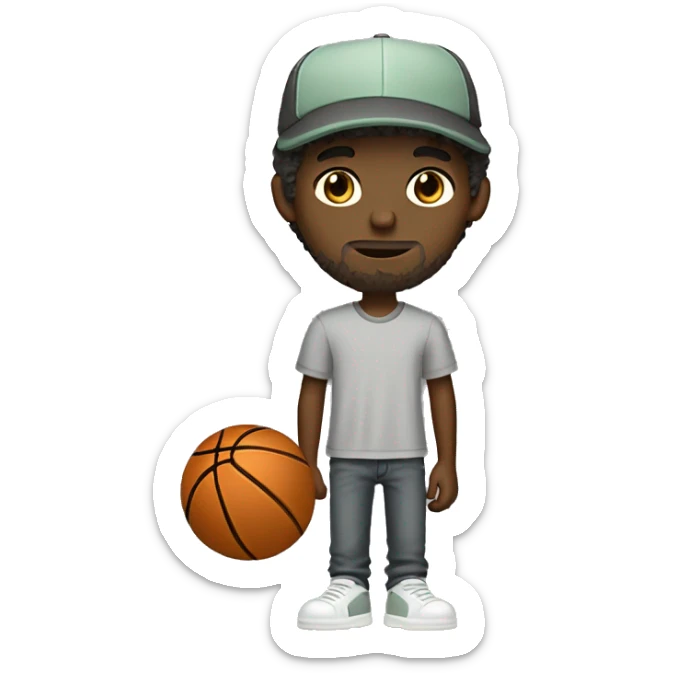 Skinny white boy with greenish brownish eyes with shaggy brown hair with a basketball hat and grey tee shirt and dark grey jeans sticker