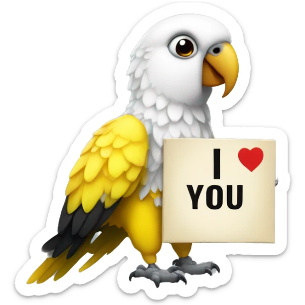 white and yellow parrot  holding a sign with the black inscription i love you sticker