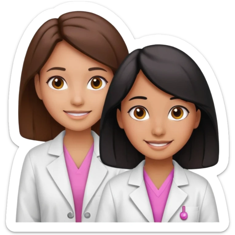 cientificas con blusa rosa y bata blanca felices, una chica con pelo marrón y otra chica un poco mas pequeña como una niña con pelo negro, deben tener la piel un poco bronceadas sticker