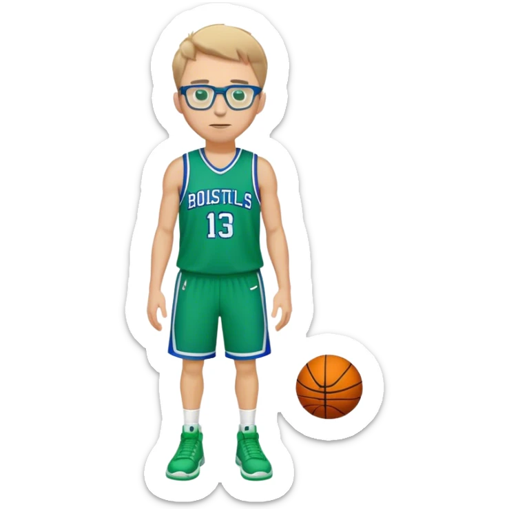 full body white male basketball wearing glasses in blue an green uniform sticker