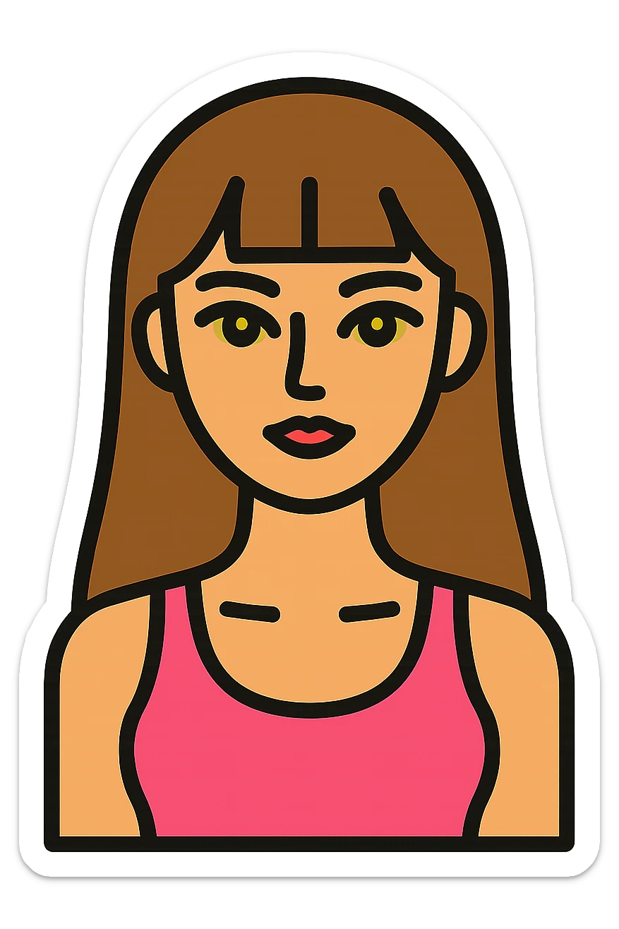 modern icon design of an American girl with long brown hair with bangs, hazel siren eyes, pink tank top, slim, clean and simple sticker