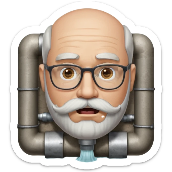50 year old bearded and moustached white male wearing glasses with an open mouth. His mouth has been cast into a square frame made of concrete connected to a drain pipe. He is proud and thinks his right, while being slightly angry because the joke is on him. sticker
