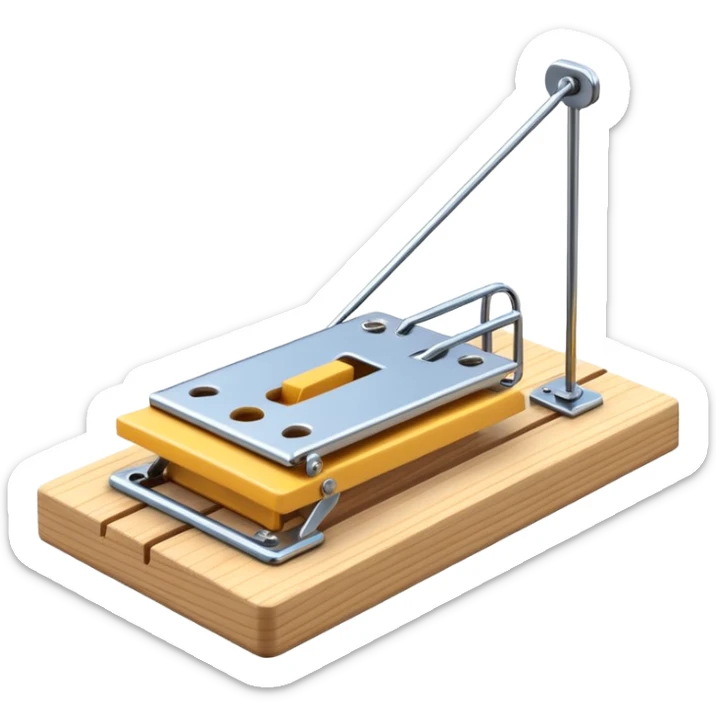 A 3D emoji in iOS emoji aesthetic style of a classic mousetrap without cheese, showing a wooden base and metal spring mechanism, clean minimal design, bright lighting, glossy Apple-style look, white background. sticker