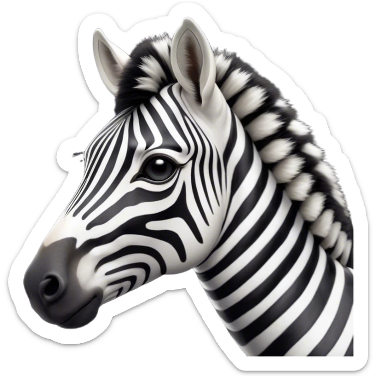 Cinematic Noble Zebra Portrait Emoji, Poised and regal, with a lean, elegant build, a long, graceful equine snout and striking fur of bold black and white stripes, deep-set soulful piercing eyes, Simplified yet sharp and sophisticated features, highly detailed, glowing with a soft, dignified glow, high shine, intelligent and graceful, stylized with an air of savannah chic, focused and attentive, soft glowing outline, capturing the essence of a watchful and confident equine that feels as though it could gallop out of the screen with effortless authority! sticker
