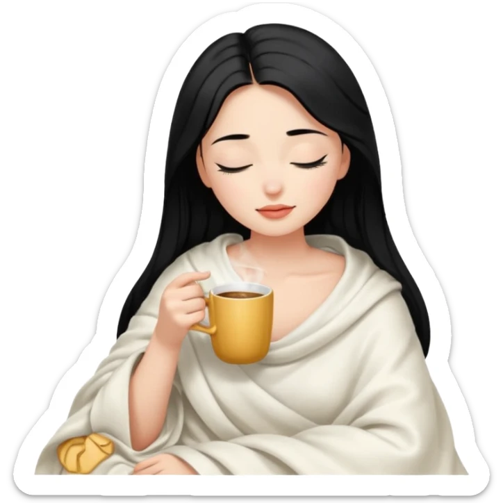 black hair girl long hair inside a white milky satin blanket sipping coffee eyes closed  sticker