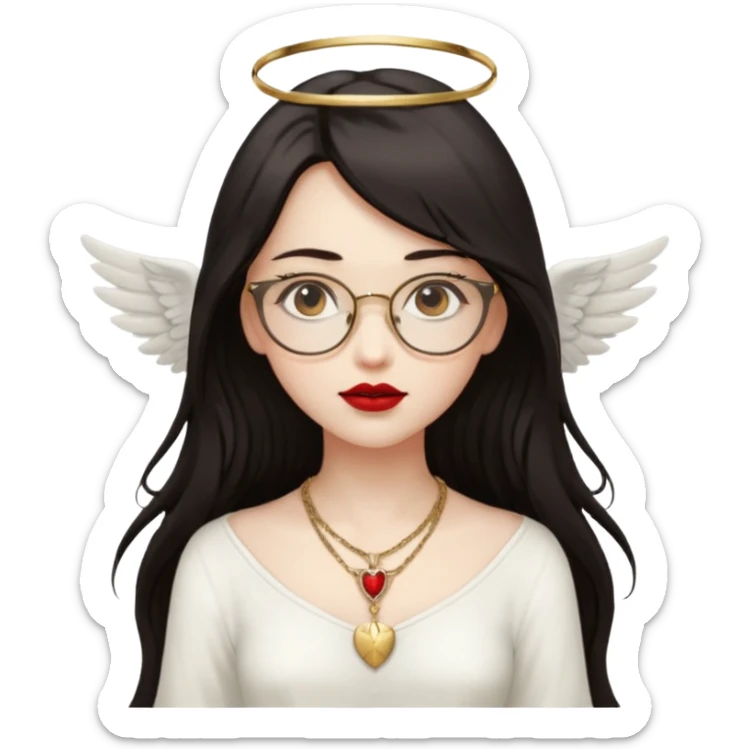 Angel girl with eyeglasses and long dark hair with red lipstick  and push gold necklaces and dark eyes with withe wings sticker