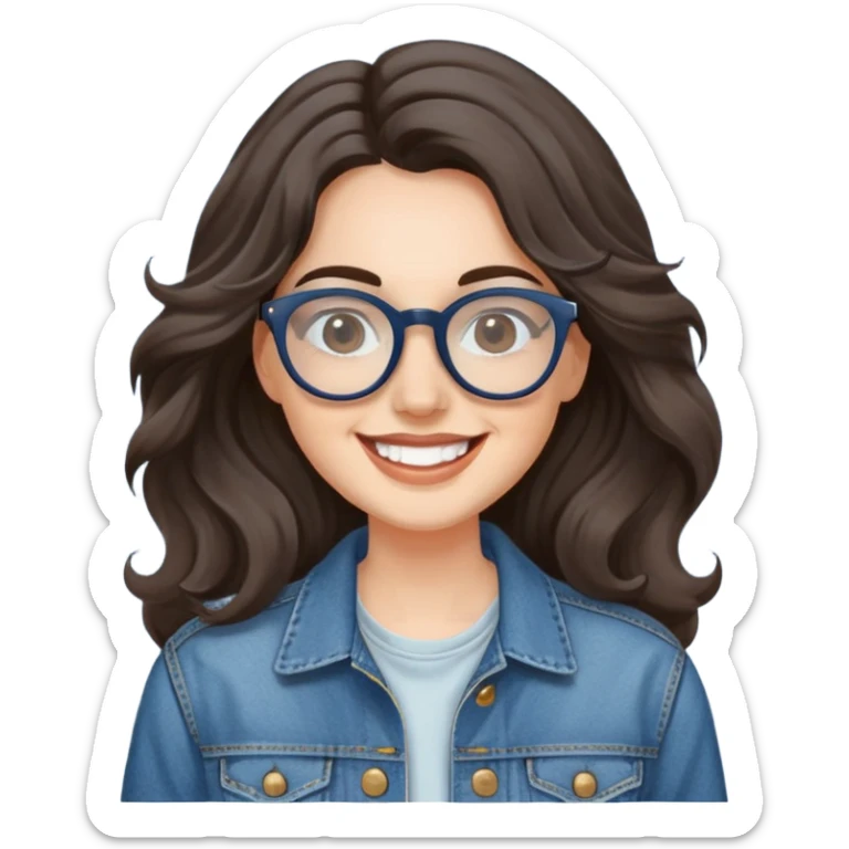 Mujer caucasian, cara redonda, gafas grandes rectangulares, cejas delgadas, pelo oscuro ondulado largo. Sonrisa amplia, expresión feliz. Chaqueta de mahón. sticker