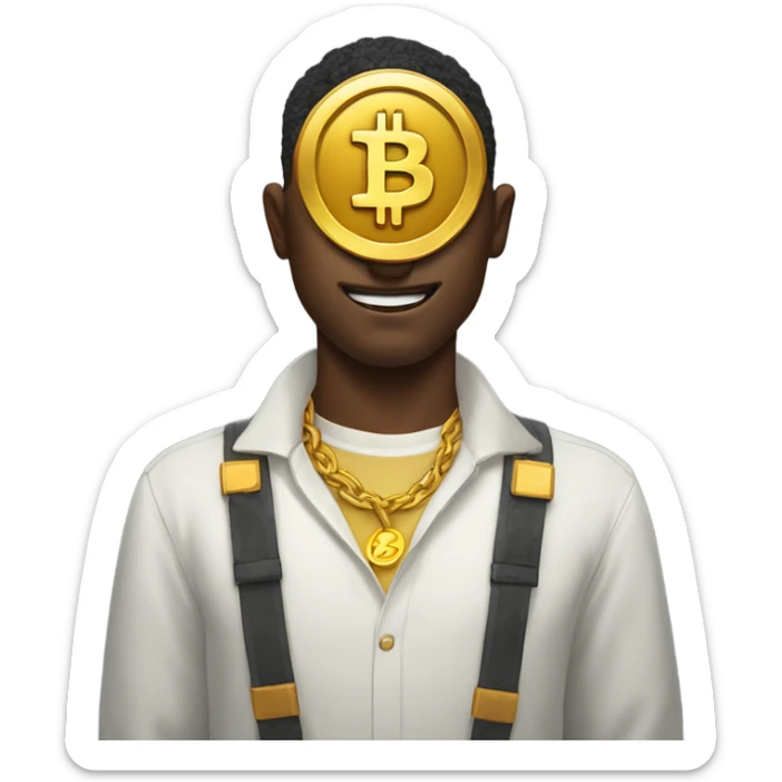 Man with golden dollar in place of his eyes, and a Bitcoin logo on his chest. sticker