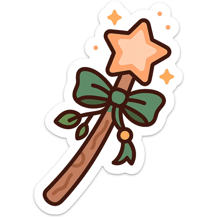 A cute and magical wand with an elegant, whimsical design, incorporating a color palette of golden orange (FA9B41), forest green (4A7C5C), soft taupe brown (96775A), and pastel peach (FFCC9A). The wand is slender and slightly curved, made of smooth wood with delicate carvings. At the top, there's a glowing gem or star in peachy tones, surrounded by tiny sparkles. Decorative elements like a ribbon, tiny leaves, or a small charm add a cozy, storybook-like charm. The overall look is gentle, enchanting, and magical, perfect for a forest fairy or a kindhearted young wizard. sticker